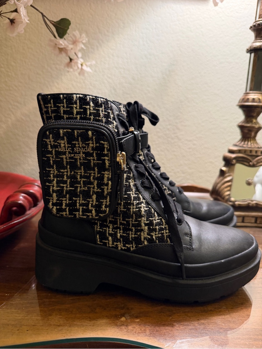 kate spade Black and Tweed Lace-Up Combat Boots
